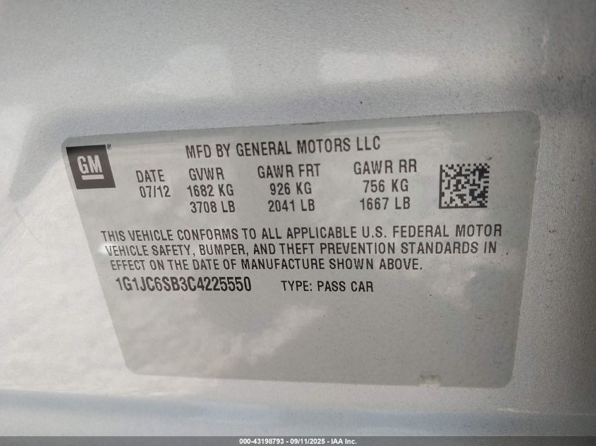 2012 Chevrolet Sonic 2Lt VIN: 1G1JC6SB3C4225550 Lot: 43198793