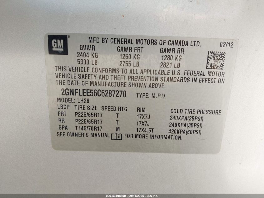 2012 Chevrolet Equinox Lt VIN: 2GNFLEE56C6287270 Lot: 43198800