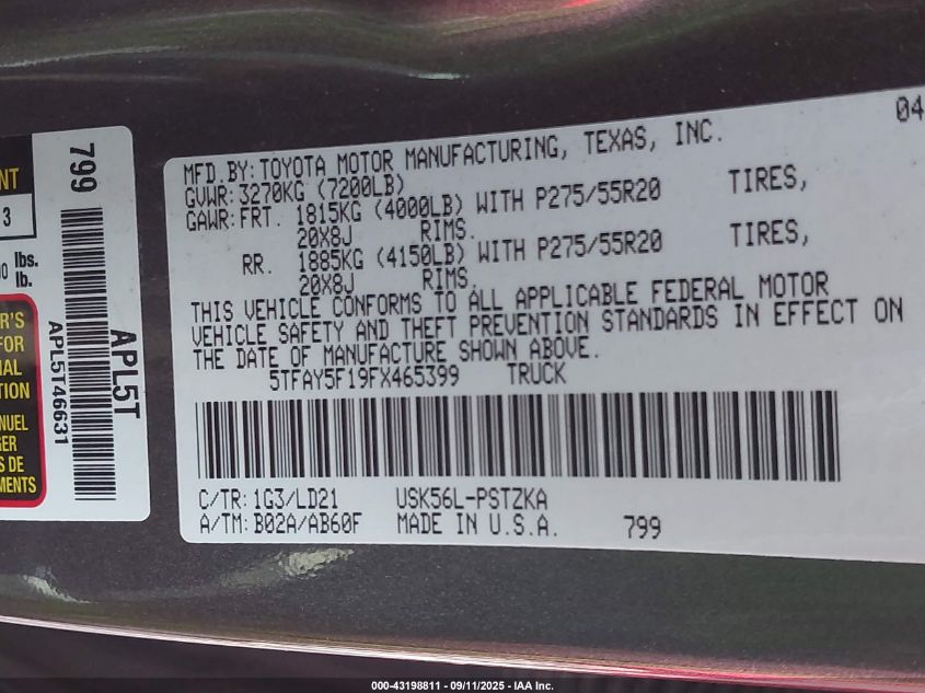 2015 Toyota Tundra 1794 5.7L V8 VIN: 5TFAY5F19FX465399 Lot: 43198811