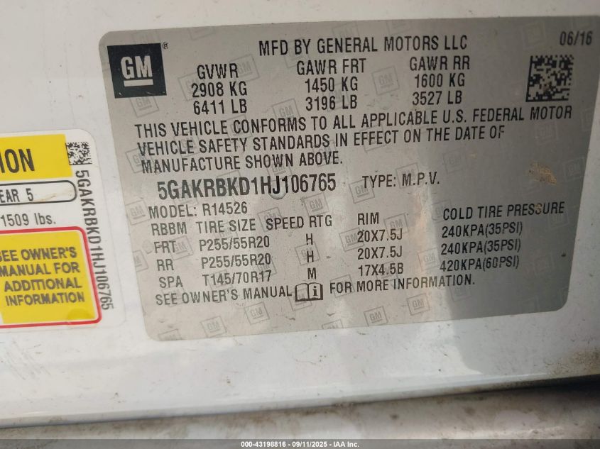2017 Buick Enclave Leather VIN: 5GAKRBKD1HJ106765 Lot: 43198816