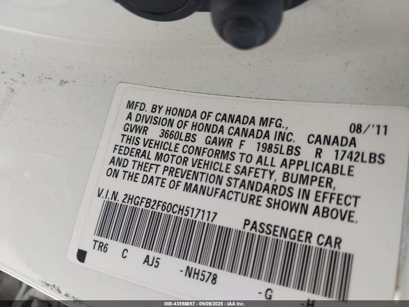 2012 Honda Civic Hf VIN: 2HGFB2F60CH517117 Lot: 43198817