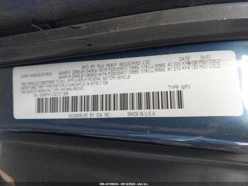 2008 Subaru Outback 2.5I/2.5I L.l. Bean Edition VIN: 4S4BP61C587311566 Lot: 43198834