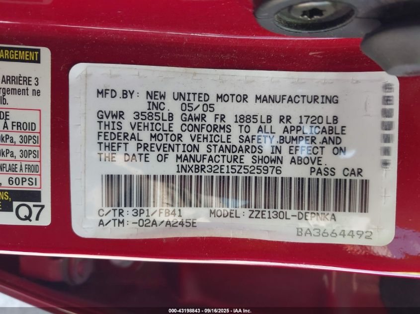 2005 Toyota Corolla Le VIN: 1NXBR32E15Z525976 Lot: 43198843