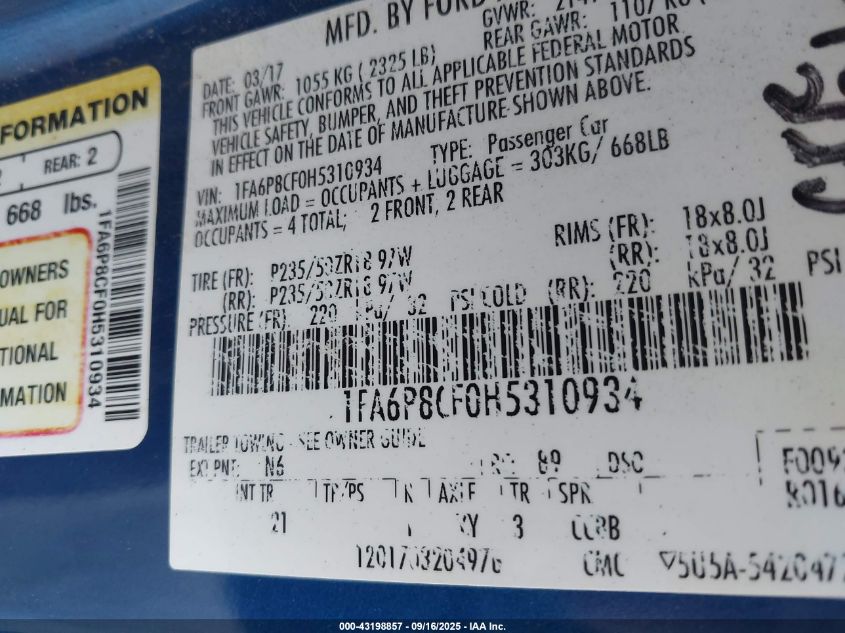 2017 Ford Mustang Gt VIN: 1FA6P8CF0H5310934 Lot: 43198857