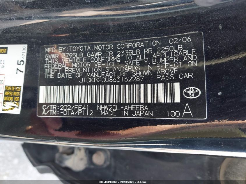 2006 Toyota Prius VIN: JTDKB20U863162287 Lot: 43198860