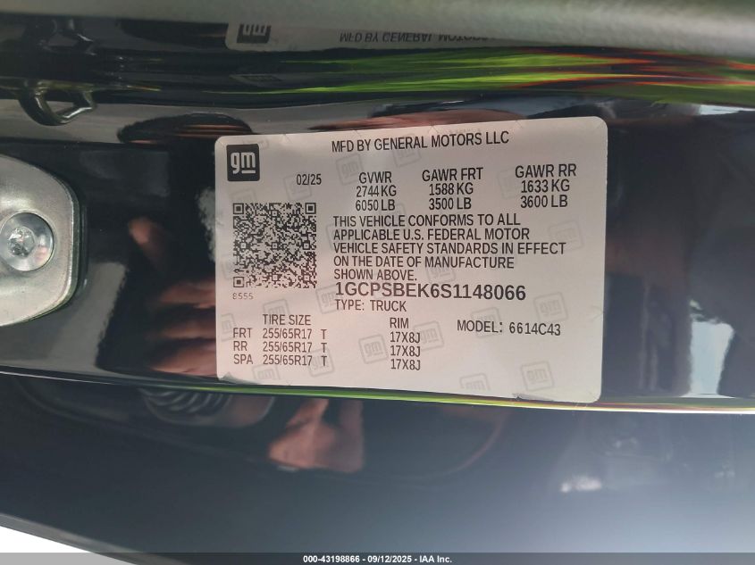 2025 Chevrolet Colorado 2Wd Wt VIN: 1GCPSBEK6S1148066 Lot: 43198866