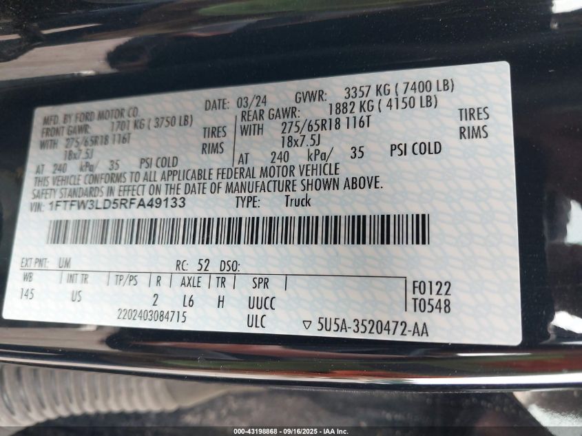 2024 Ford F-150 Xlt VIN: 1FTFW3LD5RFA49133 Lot: 43198868