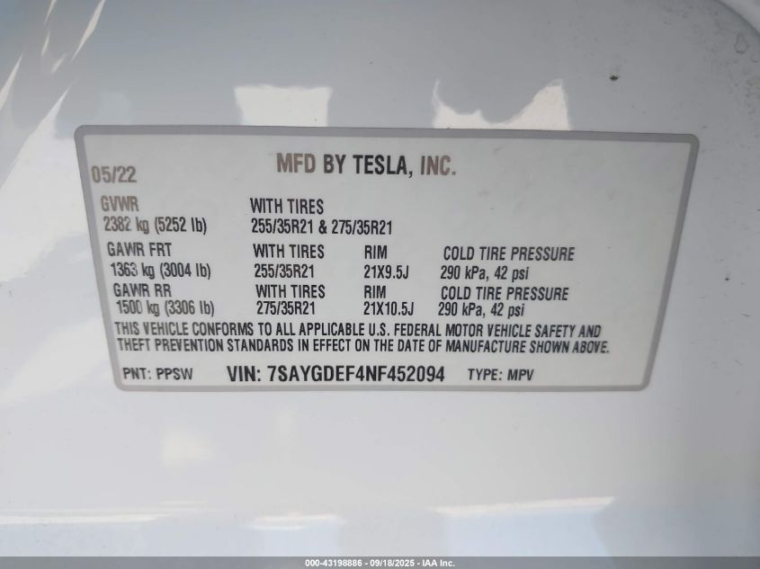 2022 Tesla Model Y Performance Dual Motor All-Wheel Drive VIN: 7SAYGDEF4NF452094 Lot: 43198886