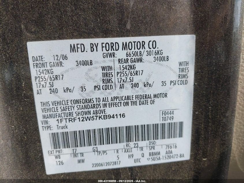 2007 Ford F-150 Stx/Xl/Xlt VIN: 1FTRF12W57KB94116 Lot: 43198898