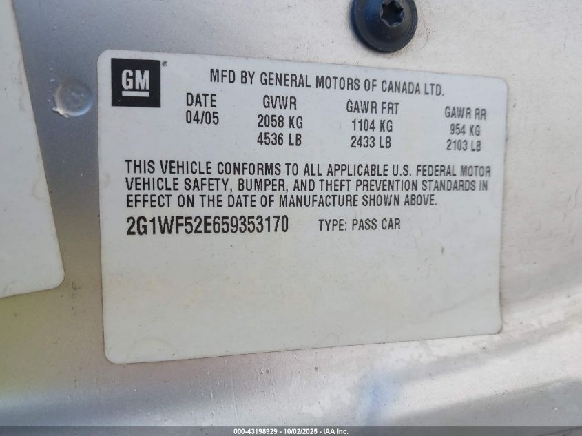 2005 Chevrolet Impala VIN: 2G1WF52E659353170 Lot: 43198929