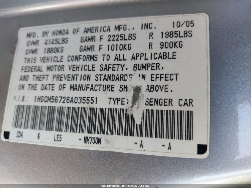 2006 Honda Accord 2.4 Ex VIN: 1HGCM56726A035551 Lot: 43198934
