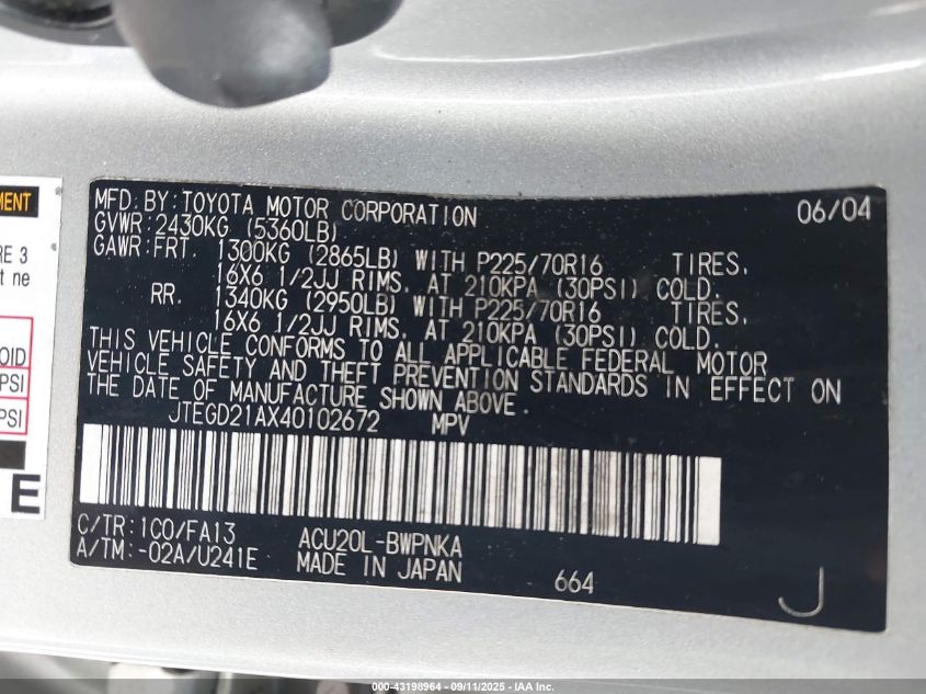 2004 Toyota Highlander VIN: JTEGD21AX40102672 Lot: 43198964