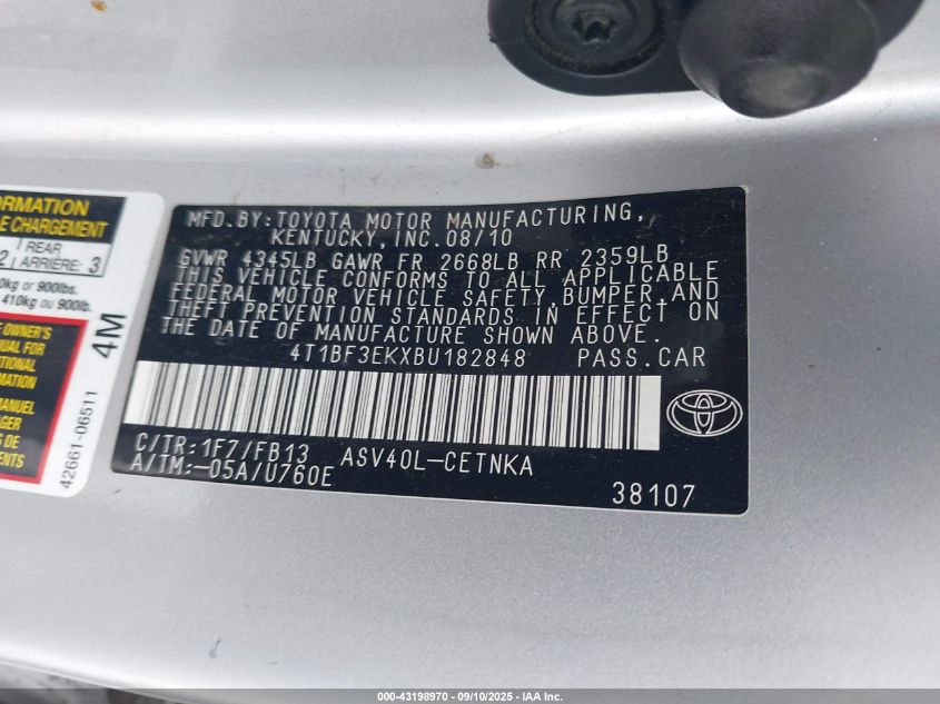 2011 Toyota Camry Le VIN: 4T1BF3EKXBU182848 Lot: 43198970