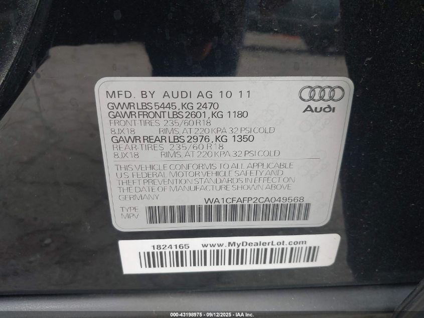 2012 Audi Q5 2.0T Premium VIN: WA1CFAFP2CA049568 Lot: 43198975