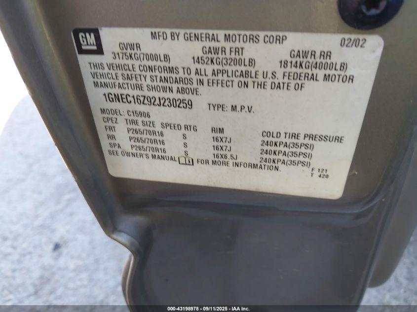 2002 Chevrolet Suburban 1500 Ls VIN: 1GNEC16Z92J230259 Lot: 43198978