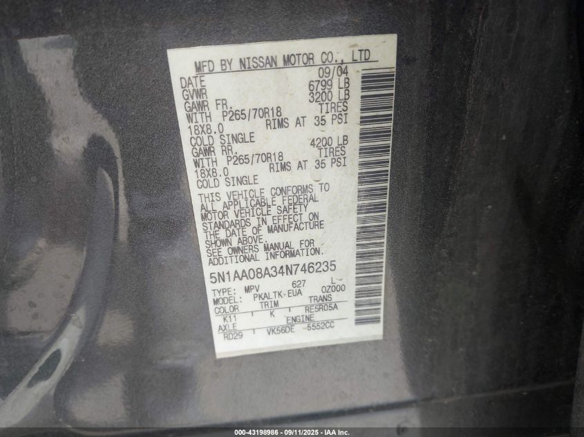 2004 Nissan Pathfinder Armada Se VIN: 5N1AA08A34N746235 Lot: 43198986