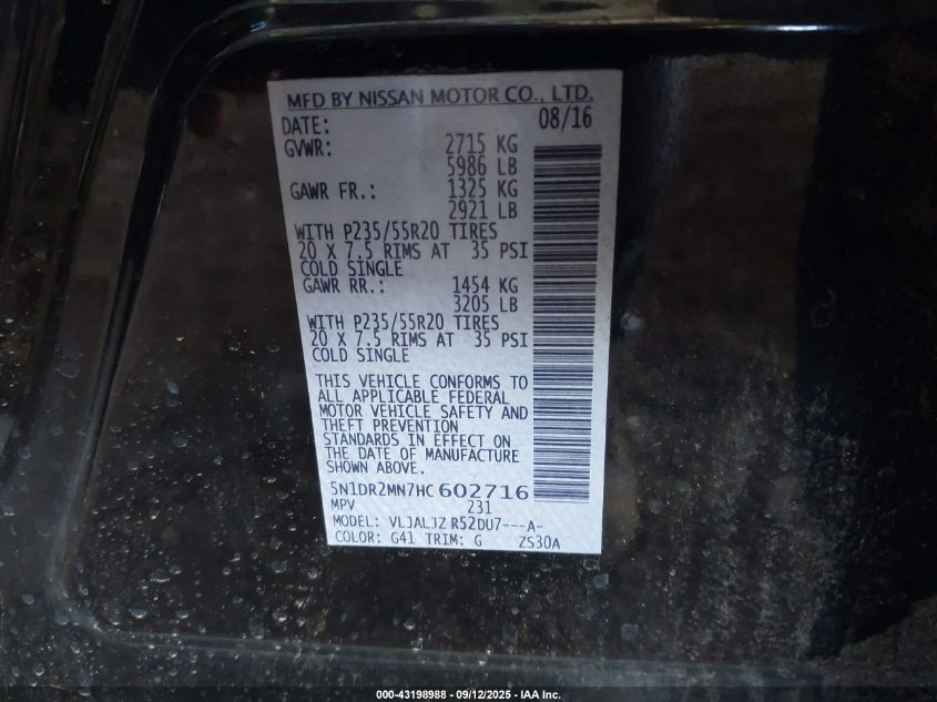 2017 Nissan Pathfinder Platinum VIN: 5N1DR2MN7HC602716 Lot: 43198988