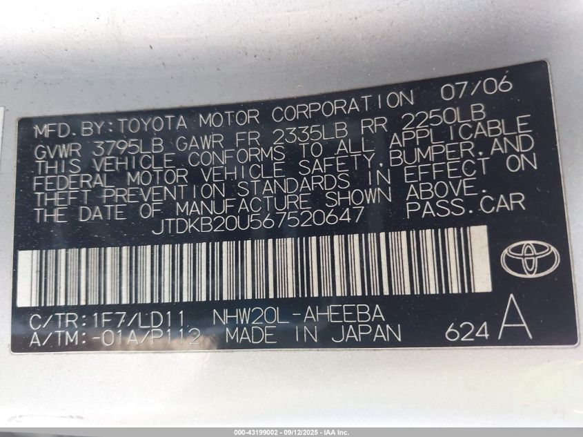 2006 Toyota Prius VIN: JTDKB20U567520647 Lot: 43199002