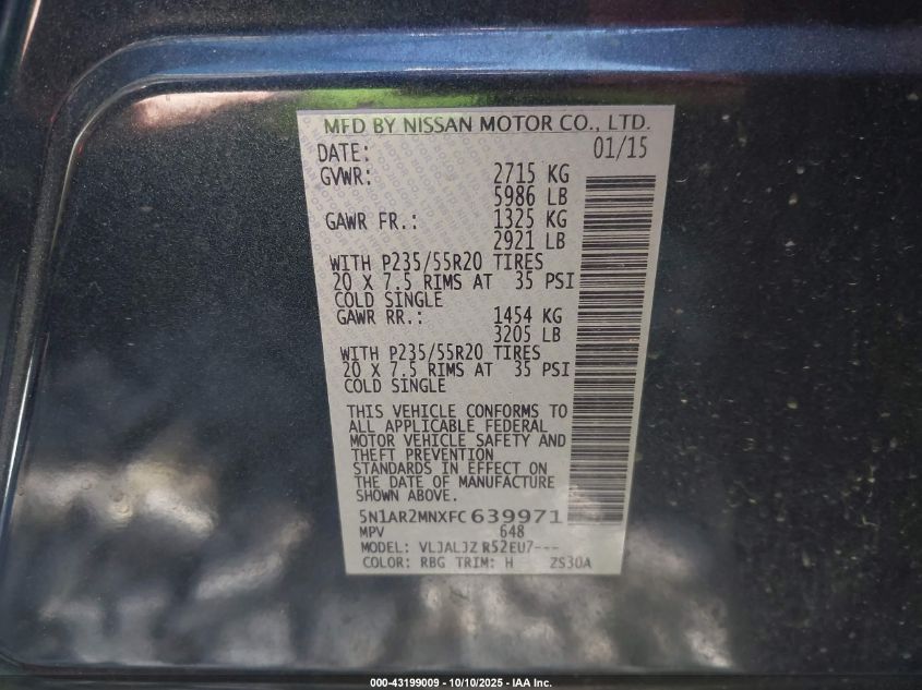 2015 Nissan Pathfinder Platinum VIN: 5N1AR2MNXFC639971 Lot: 43199009