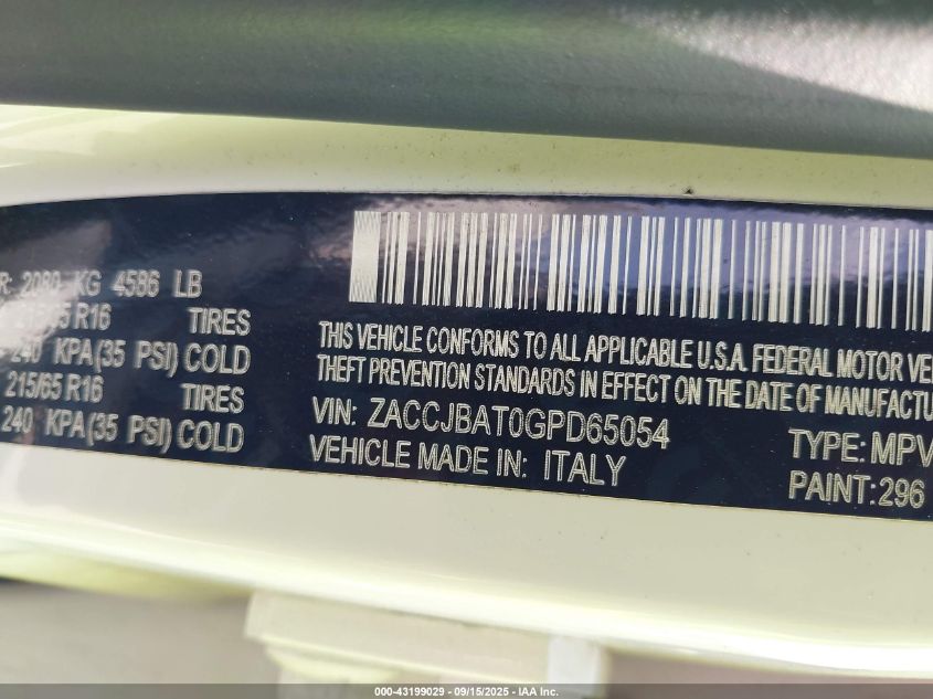 2016 Jeep Renegade Sport VIN: ZACCJBAT0GPD65054 Lot: 43199029