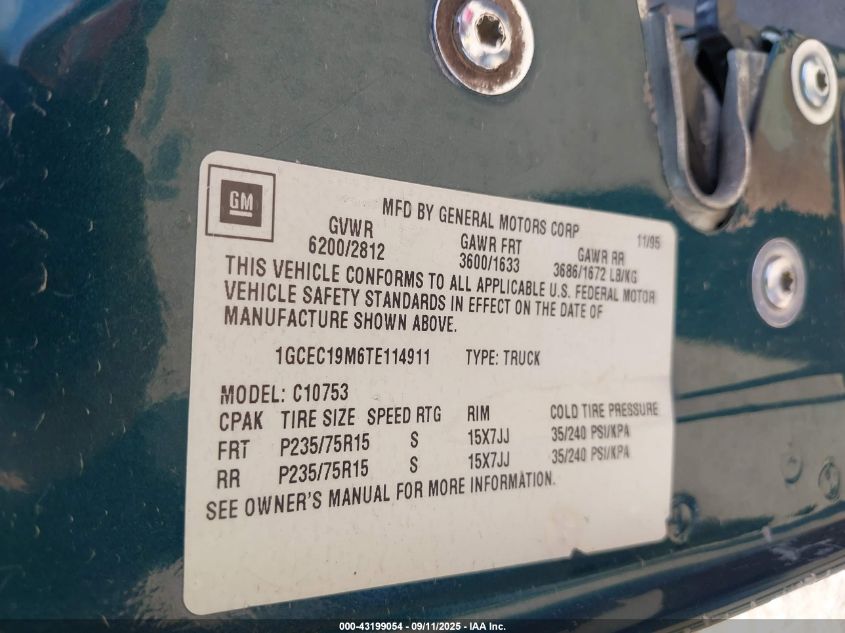 1996 Chevrolet Gmt-400 C1500 VIN: 1GCEC19M6TE114911 Lot: 43199054