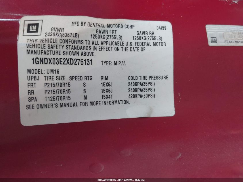 1999 Chevrolet Venture VIN: 1GNDX03E2XD276131 Lot: 43199075