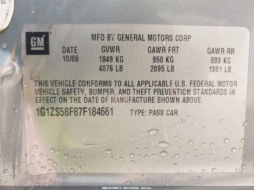 2007 Chevrolet Malibu Ls VIN: 1G1ZS58F87F184661 Lot: 43199074