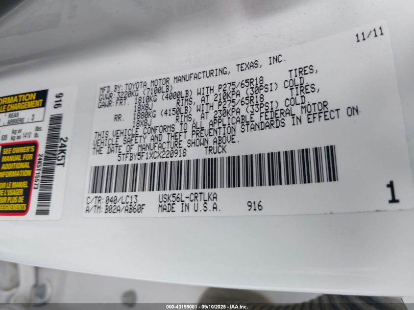 2012 Toyota Tundra Limited 5.7L V8 VIN: 5TFBY5F1XCX220918 Lot: 43199081