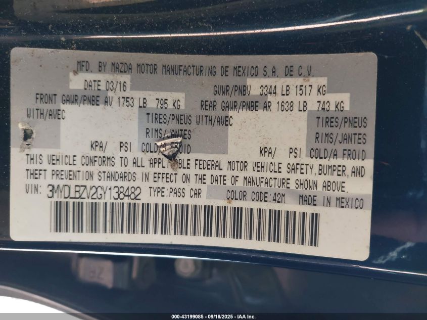 2016 Scion Ia VIN: 3MYDLBZV2GY138482 Lot: 43199085