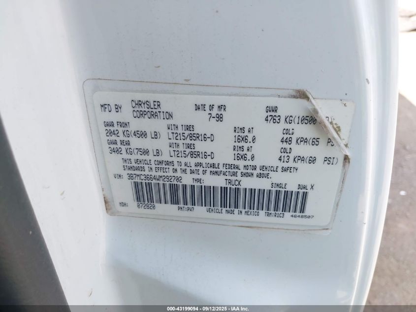 1998 Dodge Ram 3500 St VIN: 3B7MC3664WM292702 Lot: 43199094