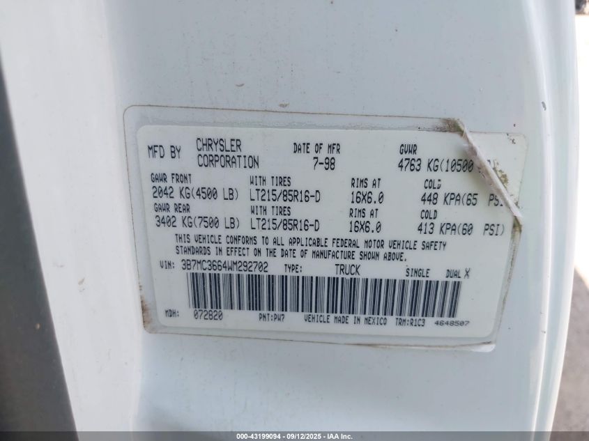 1998 Dodge Ram 3500 St VIN: 3B7MC3664WM292702 Lot: 43199094