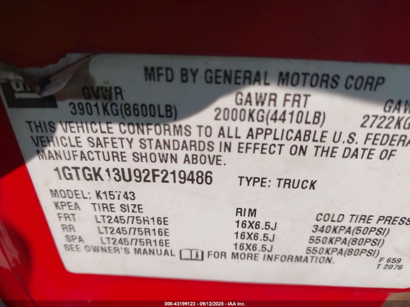 2002 GMC Sierra 1500Hd Sle VIN: 1GTGK13U92F219486 Lot: 43199123