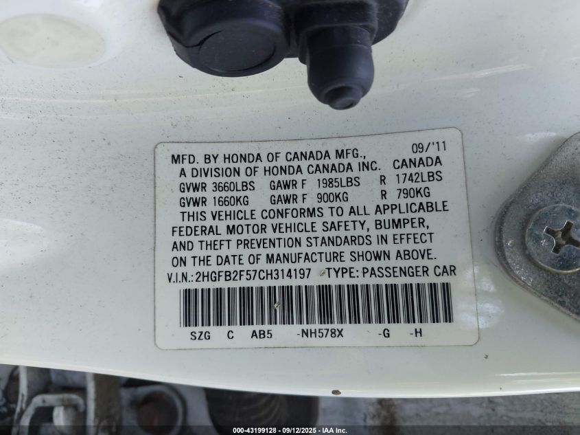 2012 Honda Civic Lx VIN: 2HGFB2F57CH314197 Lot: 43199128