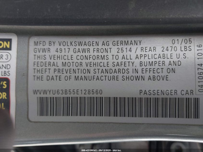 2005 Volkswagen Passat Glx VIN: WVWYU63B55E128560 Lot: 43199141