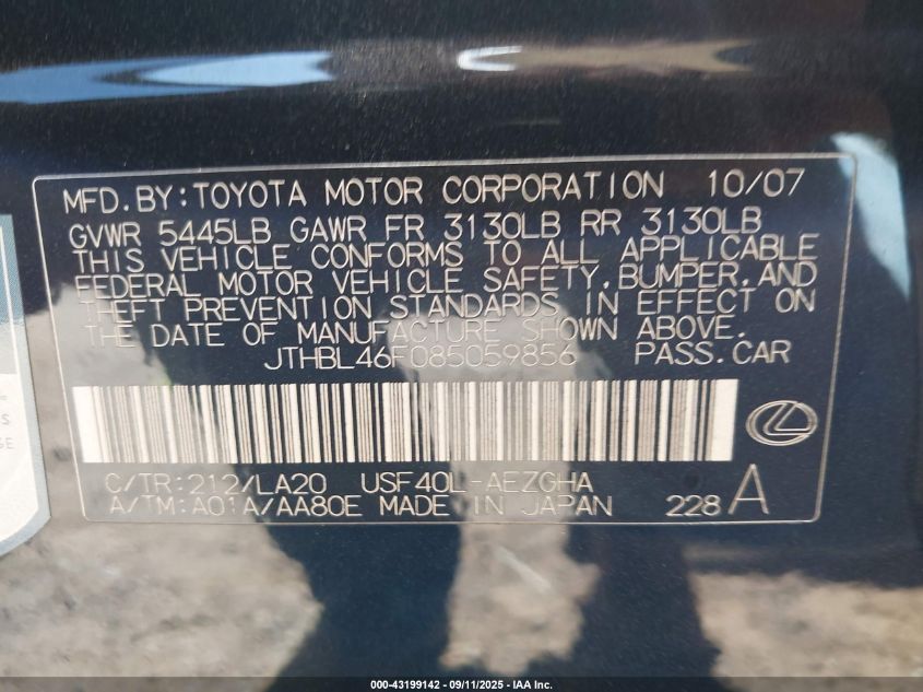 2008 Lexus Ls 460 VIN: JTHBL46F085059856 Lot: 43199142