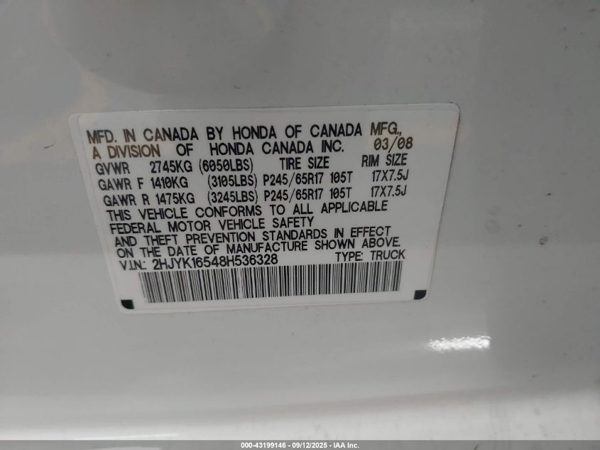 2008 Honda Ridgeline Rtl VIN: 2HJYK16548H536328 Lot: 43199146