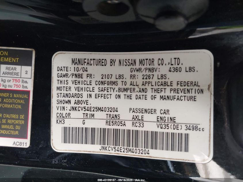 2005 Infiniti G35 VIN: JNKCV54E25M403204 Lot: 43199157