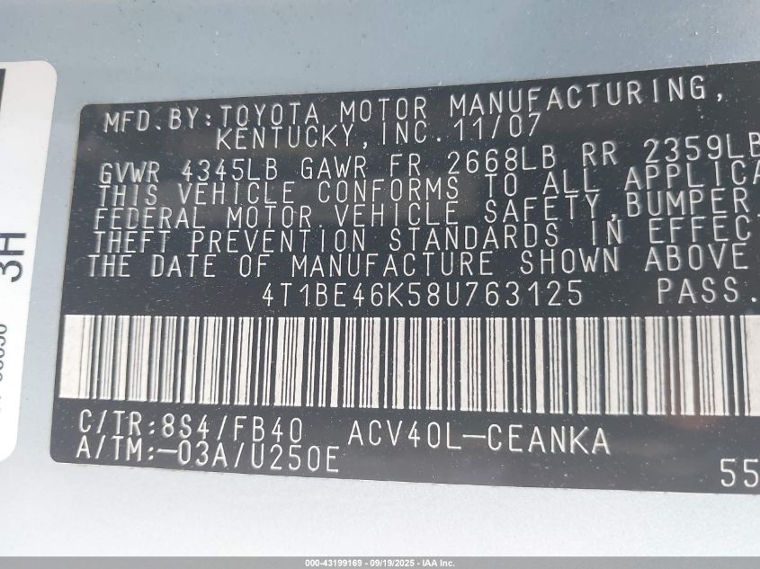 2008 Toyota Camry Le VIN: 4T1BE46K58U763125 Lot: 43199169