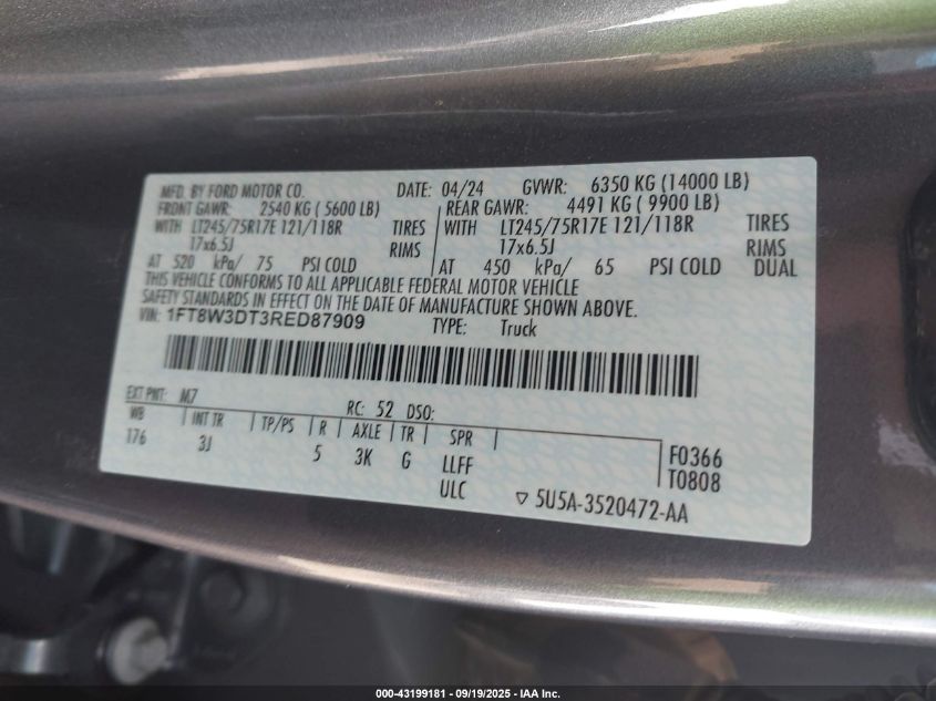2024 Ford F-350 Xlt VIN: 1FT8W3DT3RED87909 Lot: 43199181