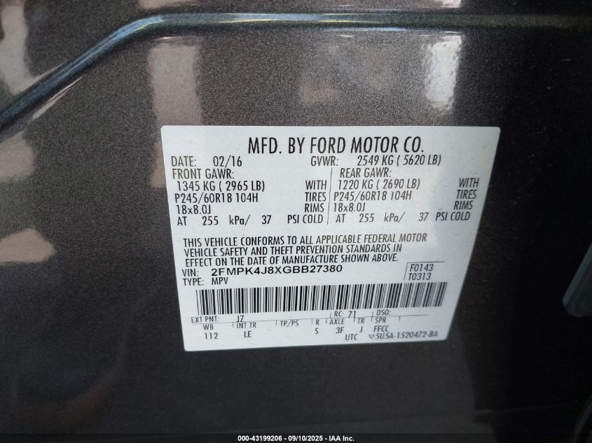 2016 Ford Edge Sel VIN: 2FMPK4J8XGBB27380 Lot: 43199206