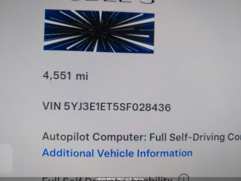 2025 Tesla Model 3 Performance VIN: 5YJ3E1ET5SF028436 Lot: 43199230