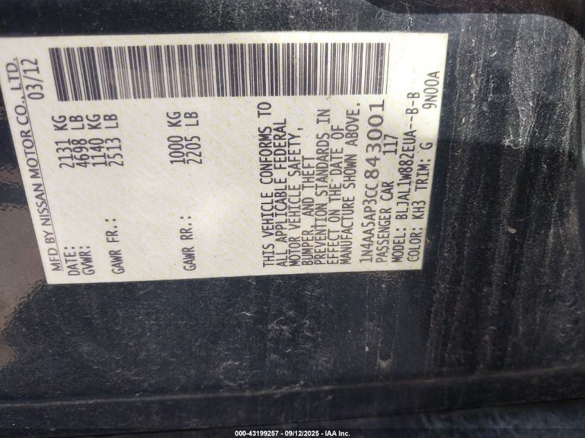 2012 Nissan Maxima 3.5 Sv VIN: 1N4AA5AP3CC843001 Lot: 43199257