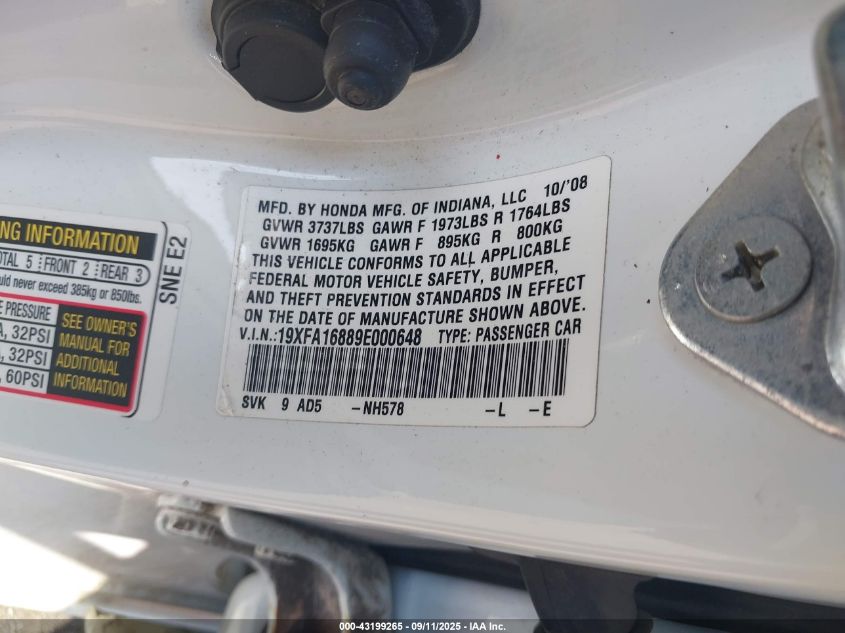 2009 Honda Civic Ex VIN: 19XFA16889E000648 Lot: 43199265