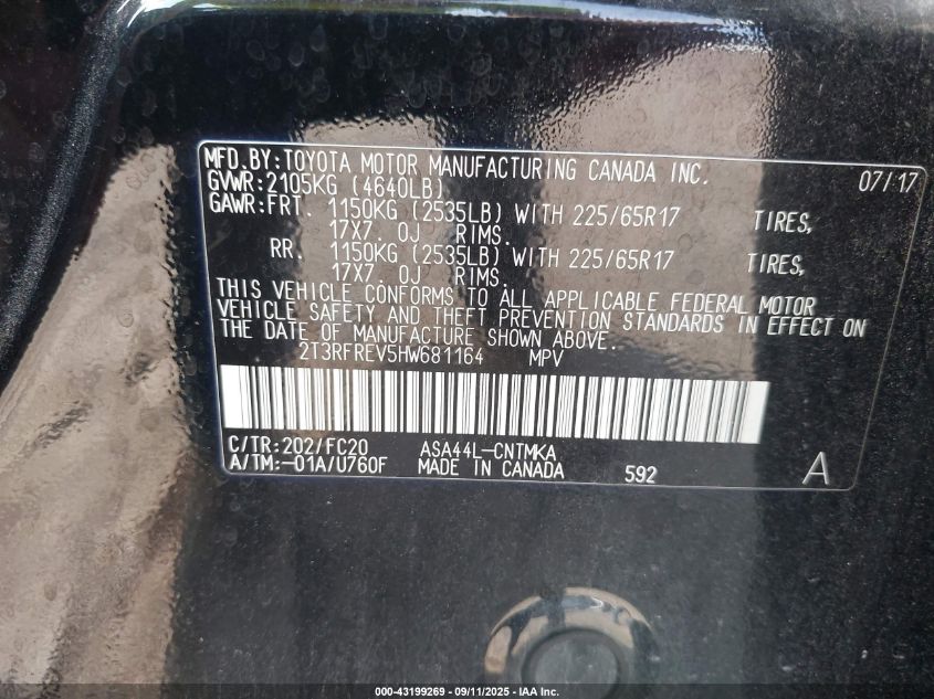 2017 Toyota Rav4 Xle VIN: 2T3RFREV5HW681164 Lot: 43199269