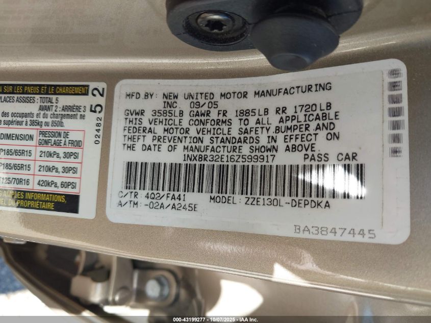 2006 Toyota Corolla Ce VIN: 1NXBR32E16Z599917 Lot: 43199277