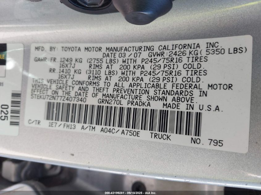 2007 Toyota Tacoma Prerunner V6 VIN: 5TEKU72N77Z407340 Lot: 43199281