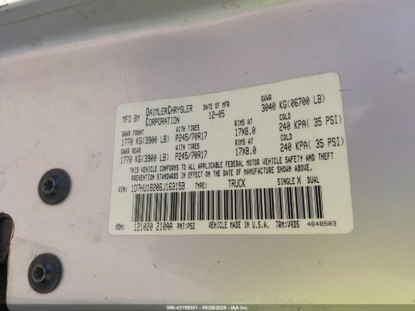 2006 Dodge Ram 1500 Slt/Trx4 Off Road/Sport VIN: 1D7HU18206J163159 Lot: 43199301