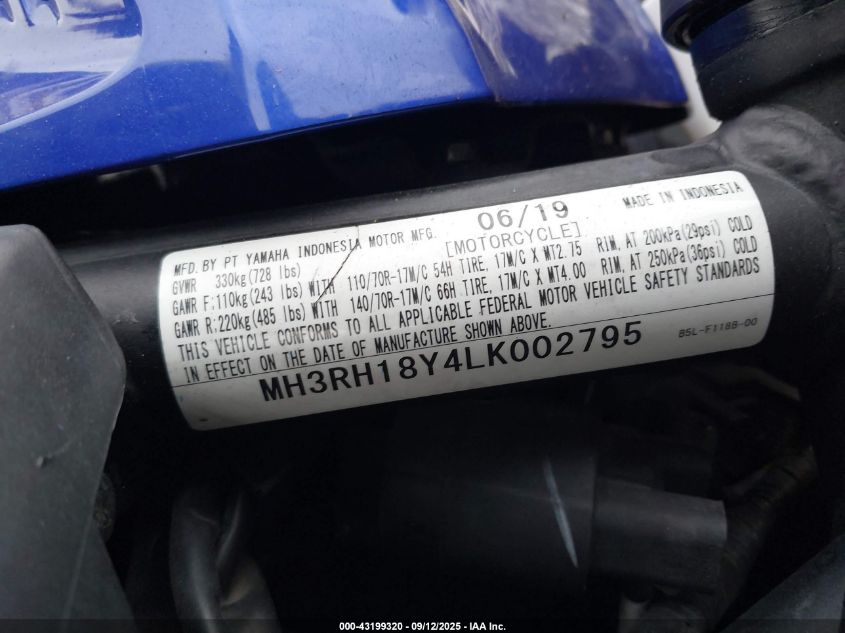 2020 Yamaha Yzfr3 A VIN: MH3RH18Y4LK002795 Lot: 43199320