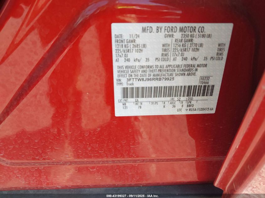 2024 Ford Maverick Xlt VIN: 3FTTW8J96RRB7992 Lot: 43199327