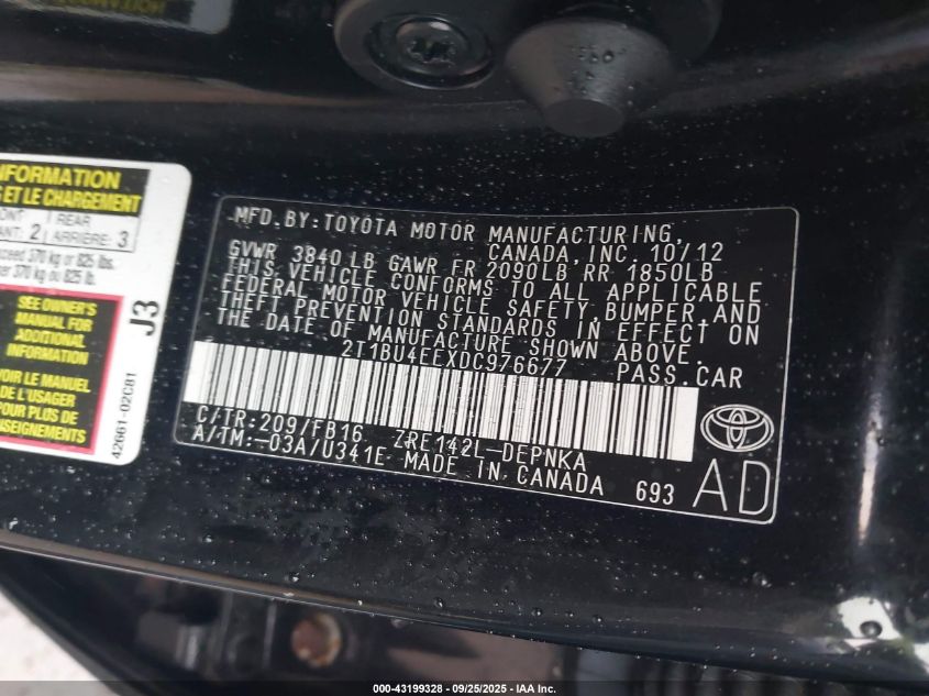 2013 Toyota Corolla Le VIN: 2T1BU4EEXDC976677 Lot: 43199328